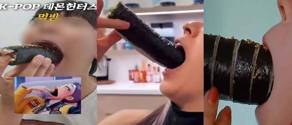 최근 넷플릭스 애니메이션 ‘케이팝 데몬 헌터스’(이하 ‘케데헌’)​에 나온 장면을 따라하는 '한입에 김밥 먹기 챌린지'가 등장했다./사진=인스타그램, 유튜브 캡처