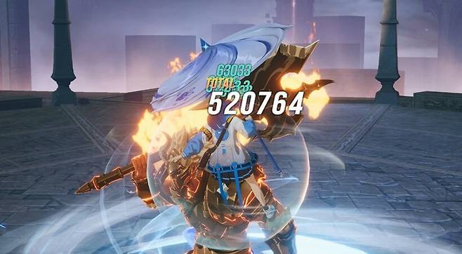 ▲ Q로 우산 폼 전환 후 코어 공격과 E로 피해와 함께 풍속성 받는 피해 증가 디버프를 부여