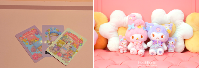(좌) 산리오캐릭터즈를 콘셉트로 한 전시 기념품 / 사진=김혜성 여행+ 기자 (우) 호텔 플로리아 전시 한정 기념품 / 사진=디스트릭트