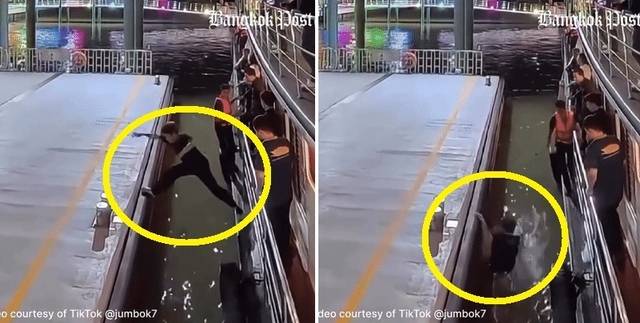 이달 초 태국 방콕에서 여객선에 타고 있던 한 한국인 관광객이 선착장을 향해 무리하게 뛰어내리다가 강물에 빠지는 일이 발생했다. 방콕포스트 캡처