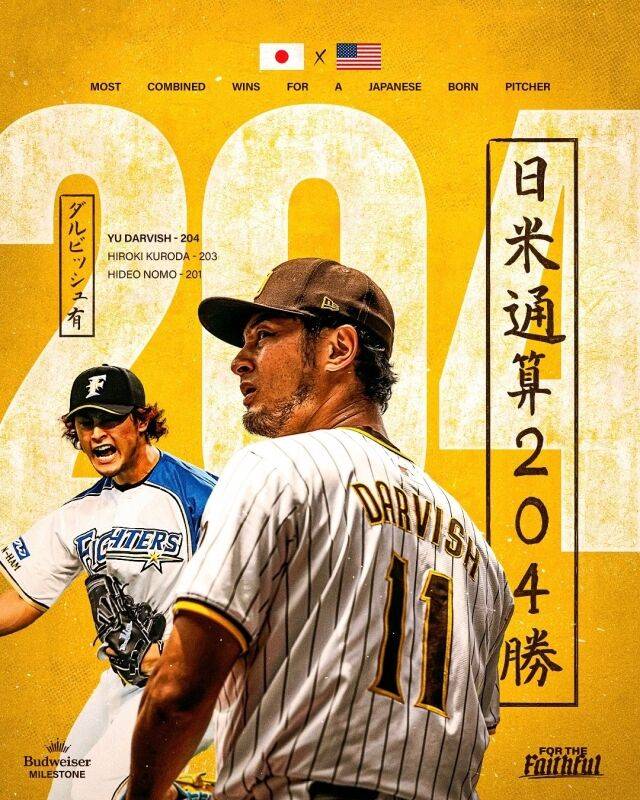 미·일 통산 204번째 승리를 손에 넣으며 구로다 히로키를 넘어선 샌디에이고 파드리스 다르빗슈 유./샌디에이고 파드리스 SNS