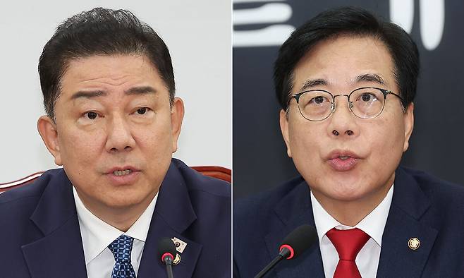 더불어민주당 김병기 원내대표 겸 당 대표 직무대행(왼쪽),&nbsp;국민의힘 송언석 비상대책위원장 겸 원내대표. 연합뉴스