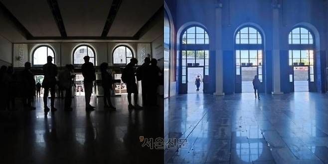 스페인지하철역 - 지난 4월 28일 대정전 사태로 스페인이 순식간에 마비됐다. 정전 당시 승객들이 빠져나오는 마드리드 프린시페 피오 지하철역(왼쪽 사진)과 지난 4일 평온한 분위기의 같은 장소(오른쪽)를 비교했다. EPA 연합뉴스·마드리드 장진복 기자