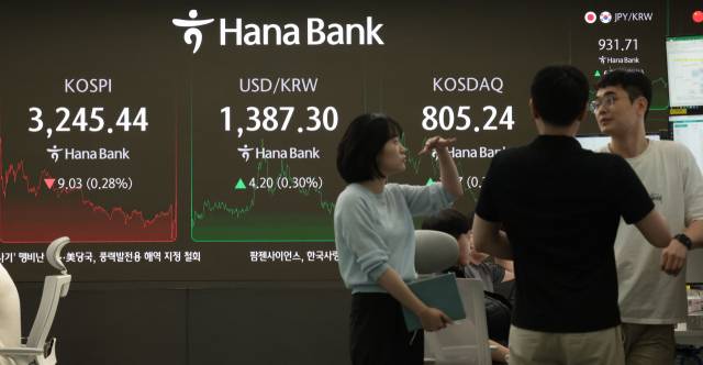 한국과 미국의 무역 협상이 타결된 31일 서울 중구 하나은행 딜링룸 현황판에 코스피지수 등이 표시돼 있다. 이날 코스피지수는 전 거래일 대비 9.03포인트(0.28%) 내린 3245.44에, 코스닥은 1.57포인트(0.20%) 오른 805.24에 장을 마감했다. 연합뉴스