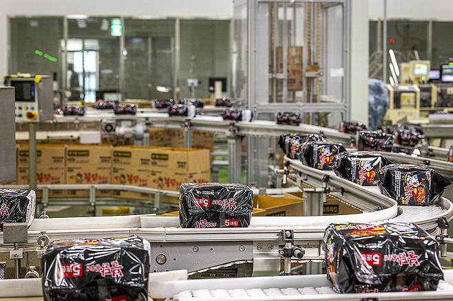 삼양식품, 글로벌시장 확대 (서울=연합뉴스) 삼양식품이 세계 라면 시장 공략을 위한 '수출 전진기지'인 밀양 제2공장을 완공했다. 삼양식품은 11일 경남 밀양시 부북면 나노융합국가산업단지에서 밀양 2공장 준공식을 개최했다. 1공장에서는 중국으로 수출하는 불닭볶음면을 주로 만들고, 2공장에서는 미국과 유럽연합(EU) 등으로 보내는 까르보 불닭볶음면 위주로 생산한다는 방침이다. 사진은 삼양식품 밀양 1공장에서 생산된 불닭볶음면. 2025.6.11 [삼양식품 제공. 재판매 및 DB금지] photo@yna.co.kr