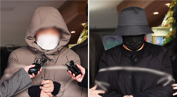 &nbsp;'수원 전세사기' 의혹 사건의 임대인 부부가 2023년 12월 8일 오전 수원남부경찰서 유치장에서 검찰로 송치되고 있는 모습. [사진=연합뉴스]