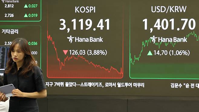 1일 서울 중구 하나은행 본점 딜링룸에서 직원들이 업무를 보고 있다. /연합뉴스