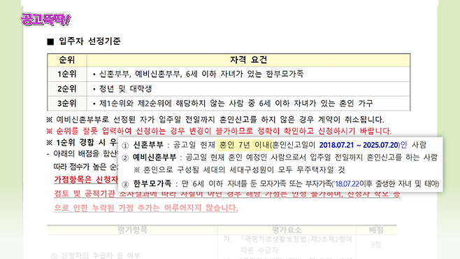 입주자 선정 기준 1순위, 2순위, 3순위.
