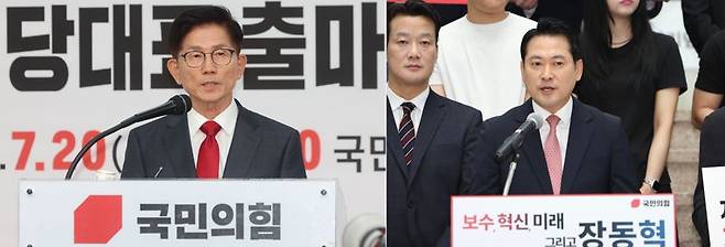 국민의힘 당 대표 선거에 출마한 김문수 후보와 장동혁 후보.