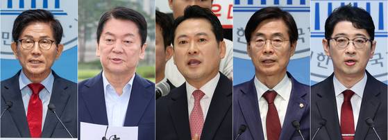 국민의힘 8·22 전당대회 당 대표 후보 왼쪽부터(가나다순) 김문수 전 고용노동부 장관, 안철수 의원, 장동혁 의원, 조경태 의원, 주진우 의원. 연합뉴스