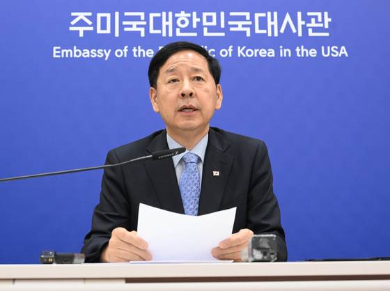 Finance Minister Koo Yun-cheol speaks in a briefing held in Washington D.C. on Wednesday following the two countries’ agreement on tariff deal, which includes $350 billion Korean investment pledge in the U.S. [MINISTRY OF ECONOMY AND FINANCE]