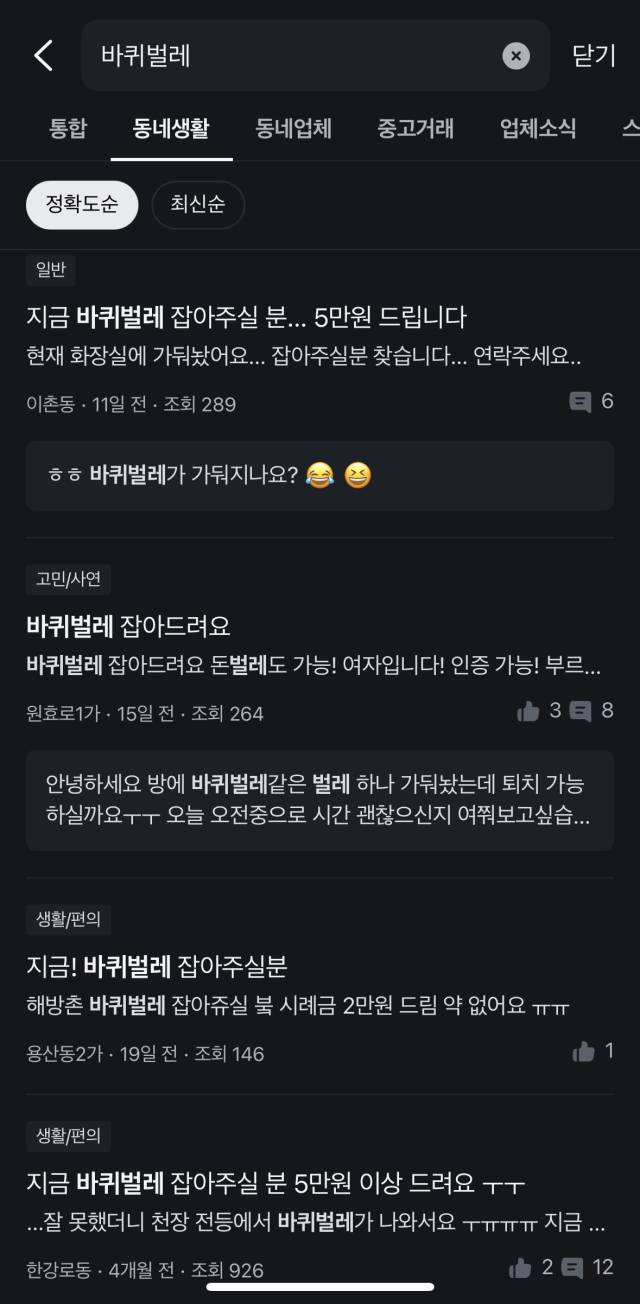 당근마켓에 ‘바퀴벌레’를 검색했을 때 뜨는 동네생활 탭 게시글. 당근 캡쳐
