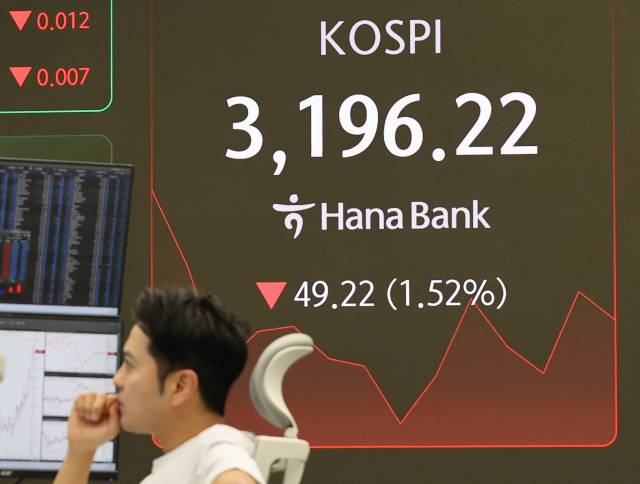 1일 서울 중구 하나은행 본점 딜링룸에서 직원들이 업무를 보고 있다. 이날 코스피는 전장보다 35.12포인트(1.08%) 내린 3210.32로 시작해 9시 10분 현재 3200선 아래 하락세를 보이고 있다. 연합뉴스