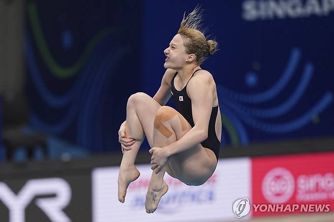 정다연의 여자 3ｍ 스프링보드 예선 경기 모습. [AP=연합뉴스]