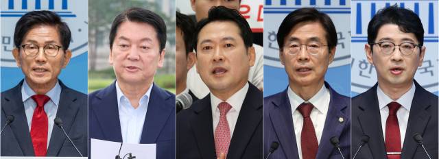 국민의힘은 8·22 전당대회 당 대표 후보 등록 마감 결과 김문수 전 고용노동부 장관, 안철수 의원, 장동혁 의원, 조경태 의원, 주진우 의원(왼쪽부터 가나다순) 등 총 5명이 신청했다고 지난 달 31일 밝혔다. 당 대표 출마 선언 기자회견을 하는 5인의 당권 주자들. 연합뉴스