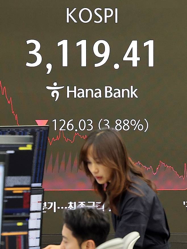 1일 오후 서울 중구 하나은행 딜링룸 전광판에 마감 시황이 나오고 있다. 이날 코스피 지수는 전 거래일 대비 126.03포인트(3.88%) 내린 3119.41로 장을 마쳤다.(사진/뉴스1)