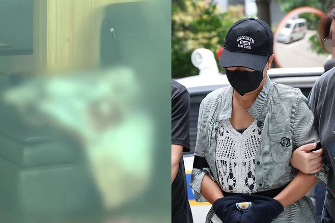 남편의 신체 중요 부위를 절단해 살해하려 한 혐의를 받는 50대 여성이 2일 구속 전 피의자 심문(영장실질심사)이 열리는 인천지법에 들어서고 있다. 왼쪽은 범행 현장.&nbsp;연합뉴스TV 캡처·연합뉴스