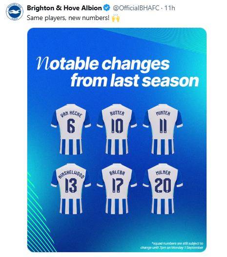 2025-2026시즌 등번호를 발표하면서 주요 선수의 바뀐 번호를 소개한 브라이턴. [브라이턴 구단 SNS. 재판매 및 DB 금지]