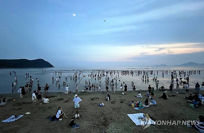 노을과 함께하는 다대포해수욕장 피서법 (부산=연합뉴스) 김재홍 기자 = 2일 오후 부산 사하구 다대포해수욕장이 피서 인파로 북적이고 있다. 부산시가 주최하는 제29회 부산바다축제가 지난 1일 다대포해수욕장에서 개막해 오는 3일까지 이어진다. 2025.8.2 pitbull@yna.co.kr
