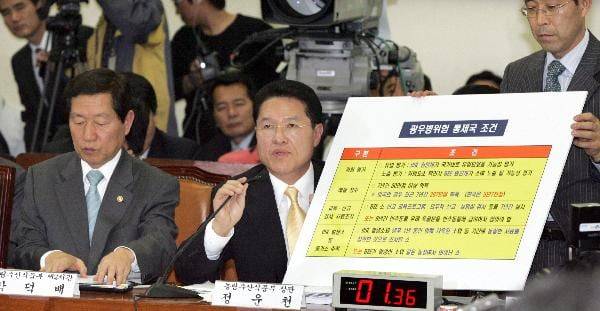 2008년 5월 7일 국회 농림해양수산위원회에서 열린 '쇠고기 시장 전면개방 진상규명 및 대책 마련을 위한 청문회'에 국민들의 관심이 쏠린 가운데 정운천 농수산식품부 장관이 자료를 들고 나와 의원들의 질의에  답변하고 있다./조선일보