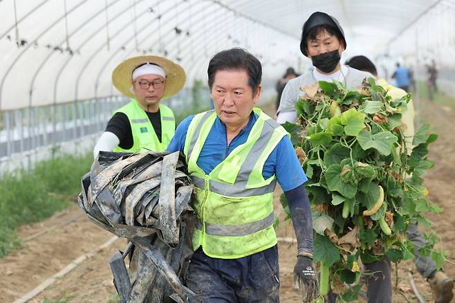 정청래 신임 더불어민주당 대표가 3일 오전 전남 나주시 노안면 오이농가를 찾아 수해 복구 작업을 하고 있다. [연합뉴스]
