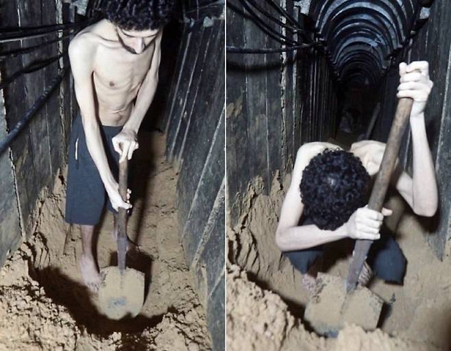 팔레스타인 무장정파 하마스가 공개한 선전 영상 일부. 2023년 10월 7일 이스라엘을 기습 공격한 하마스에 인질로 잡혀간 에비아타르 다비드(24)가 지하 땅굴에서 삽을 들고 있다. 2025.8.3 텔레그램