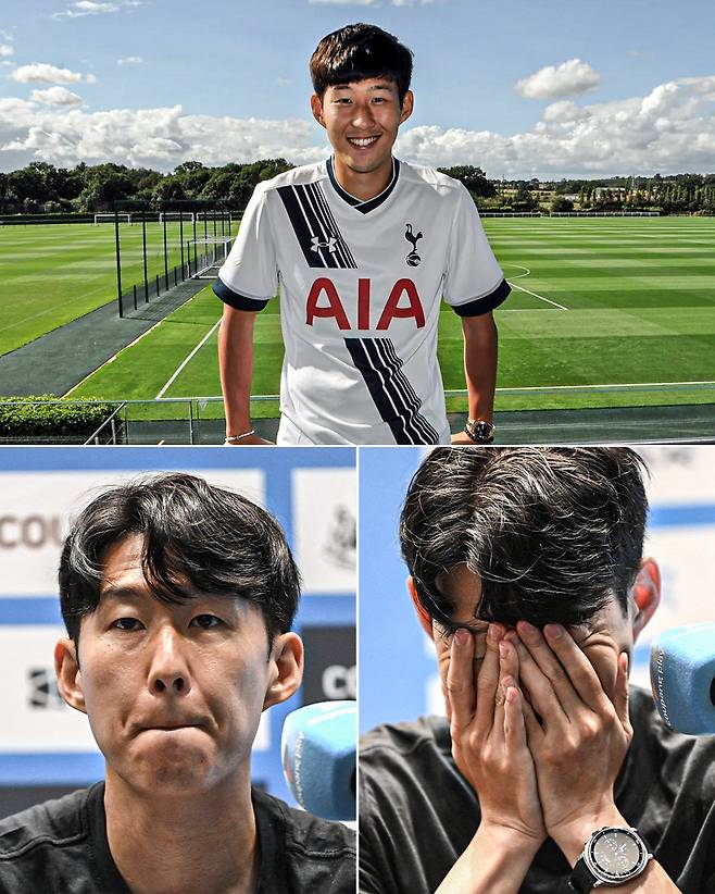 지난 2015년 토트넘 입단 당시 손흥민(위)과 10년 후 토트넘과 결별을 발표하고 있는 손흥민의 모습(아래). /사진=ESPN 캡처