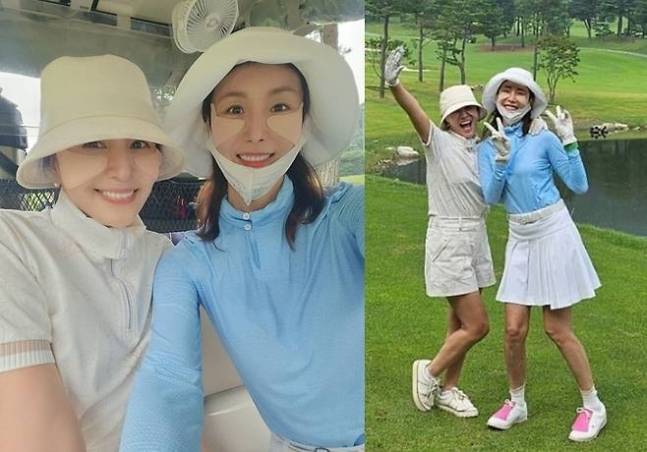 최명길이 후배 한다감과 라운딩 중 포즈를 취했다. 골프 칠 때는 자외선 차단에 철저한 최명길이다. [사진=한다감 SNS]