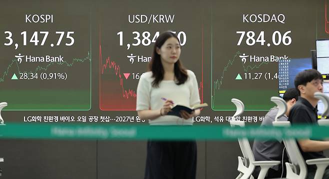 4일 서울 중구 하나은행 딜링룸 현황판에 코스피·코스닥 및 환율 종가가 표시돼있다. /연합뉴스