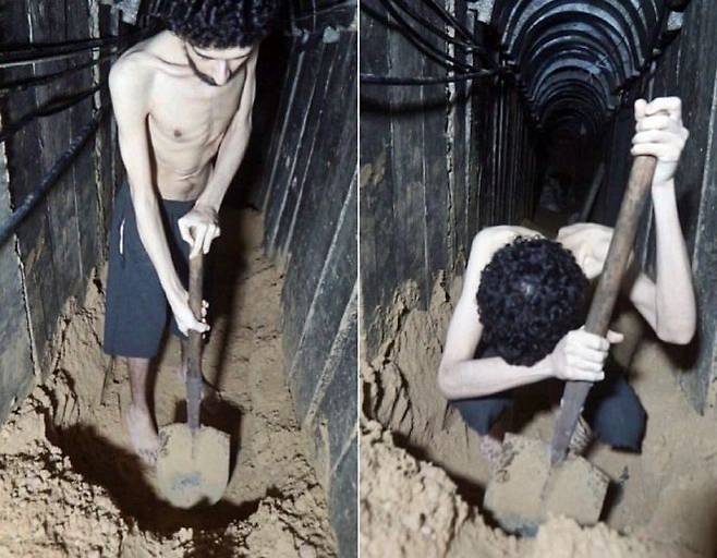 팔레스타인 무장정파 하마스가 공개한 선전 영상 일부. 2023년 10월 7일 이스라엘을 기습 공격한 하마스에 인질로 잡혀간 에비아타르 다비드(24)가 지하 땅굴에서 삽을 들고 있다. 2025.8.3 ⓒ 텔레그램