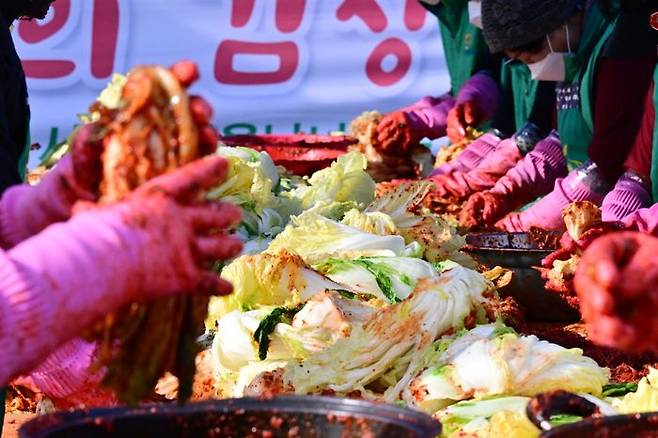 경남 남해군 서면행정복지센터에서 지역 새마을남녀지도자들이 사랑의 김장김치 담그기 행사를 진행하고 있다.ⓒ뉴시스