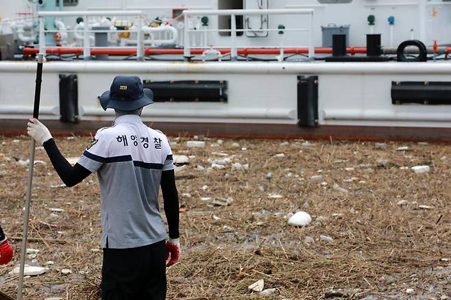 목포해양경찰이 21일 기록적 극한호우로 인해 해안가로 떠밀려온 해양 쓰레기 정화 작업을 하고 있다. (목포해경 제공) 2025.7.21 (목포=뉴스1)