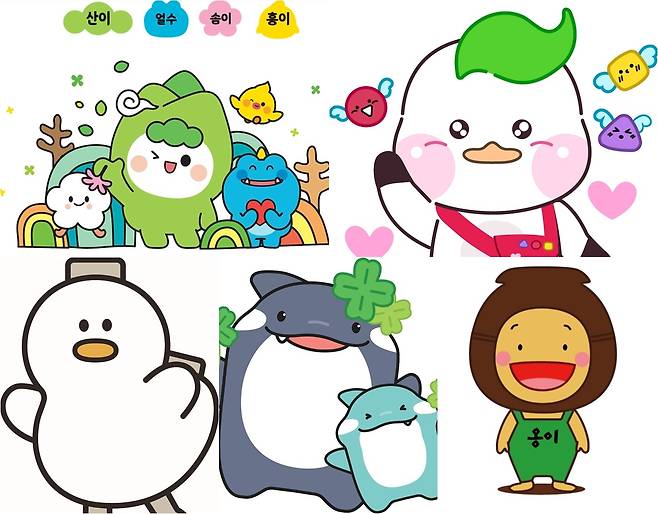 2025 대한민국 지자체·공공 캐릭터 페스티벌 본선에 진출한 부산, 울산, 경남 지역 공공캐릭터들. (왼쪽 위부터 시계방향으로) 경남 산청군 ‘산너머친구’, 부산광역시교육청의 ‘부션’, 울산옹기축제 ‘옹이’, 부산항만공사 ‘해범이&뿌뿌’, 경남 김해시 ‘토더기’. [각 기관 제공]