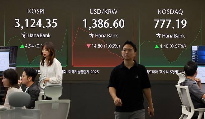 4일 서울 중구 하나은행 본점 딜링룸에서 딜러들이 업무를 보고 있다. 이날 코스피는 전 거래일보다 5.14p(0.16%) 내린 3114.27로 개장했다. ⓒ연합뉴스