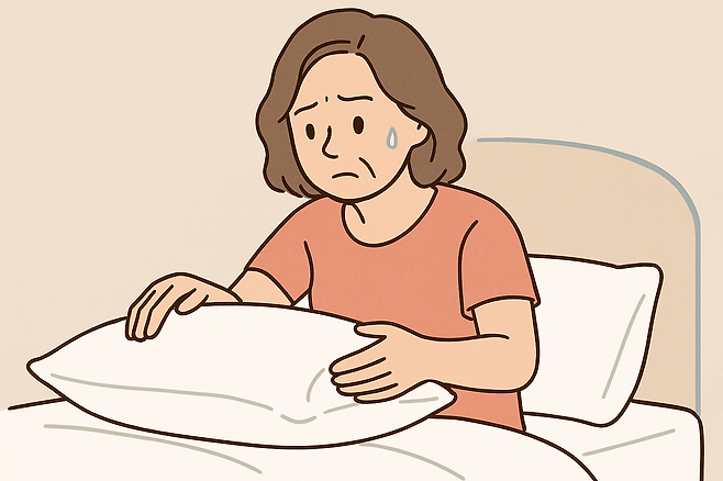 침대에 앉아있는 불편한 표정의 여성