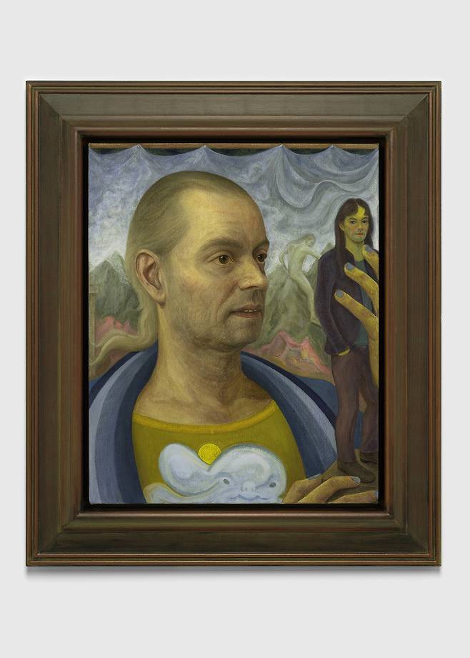 STEVEN SHEARER Figurine Peddler 2025 Oil on jute in artist’s frame Image 53 x 42.5 x 2 cm / 20 7/8 x 16 3/4 x 7/8 in Frame 72 x 61.5 x 4.5 cm / 28 3/8 x 24 1/4 x 1 3/4 in SHEAS61834 Courtesy the artist and Galerie Eva Presenhuber, Zurich / Vienna ⓒ the artist Photo: Steven Shearer Studio (갤러리 에바 프레젠후버 제공)
