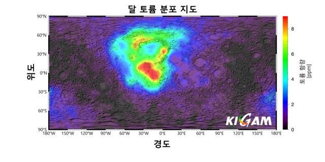 다누리에 탑재된 감마선 분광기로 제작한 ‘달 토륨 분포지도’. 우주청 제공