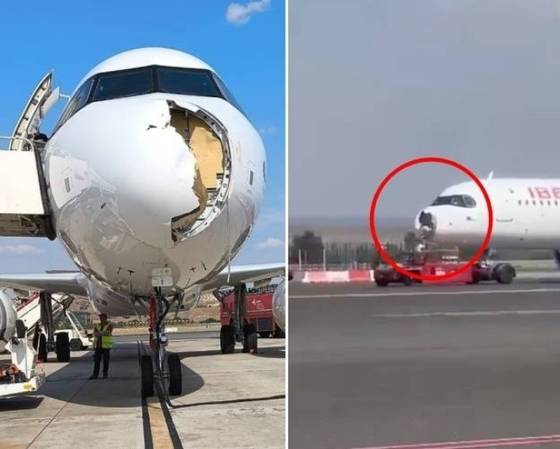 3일(현지시간) 스페인 마드리드에서 출발해 프랑스 파리로 가던 이베리아 항공 여객기가 조류 충돌로 망가진 채 회항한 모습. 엑스 캡처