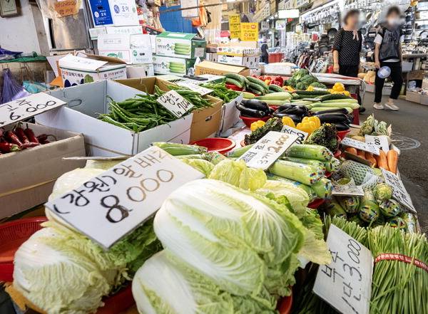 폭염과 폭우에 과일 및 채소류 작황이 큰 타격을 입어 물가가 오르는 가운데 5일 부산진구 부전시장을 방문한 시민이 채소류 등을 구매하고 있다.  이원준 기자 windstorm@kookje.co.kr