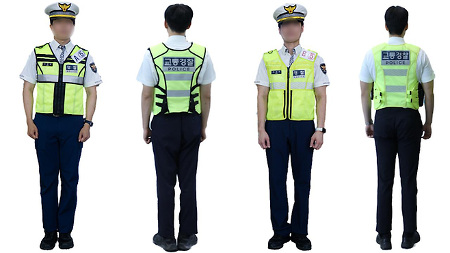 경찰 ‘교통용 형광 조끼’ 시제품.  A안은 형광색 바탕에 진청색 배색. B안은 전체 형광색. [경찰청]