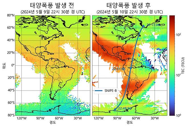 태양폭풍 발생 전과 후의 전리권 비교 [한국천문연구원 제공]