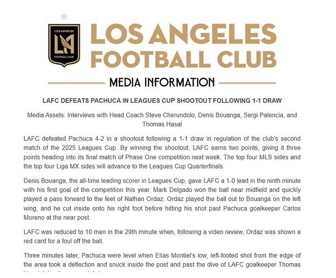 ▲ 취재진에 보도자료를 전송한 LAFC ⓒLAFC