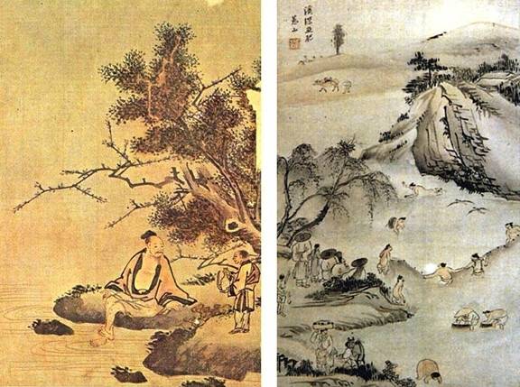 (좌)고사탁족도(高士濯足圖), 그림 이경윤. (우)계심어비도(溪深魚肥圖), 그림 유숙 사진 출처 : 국립중앙박물관, 덕원미술관 홈페이지 캡처