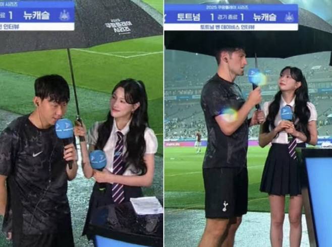 지난 3일 서울월드컵경기장에서 열린 토트넘 홋스퍼와 뉴캐슬 유나이티드 FC의 경기를 마치고 인터뷰하고 있는 손흥민(왼쪽 사진)과 벤 데이비스. (사진=온라인 갈무리)