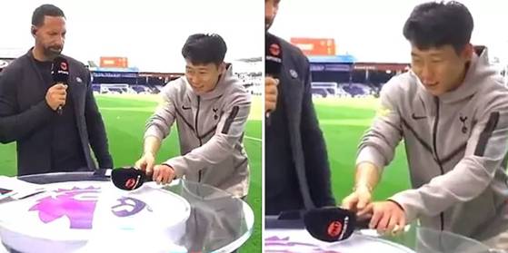 손흥민이 지난 2023년 10월 8일(현지시간) 토트넘-루턴 타운 경기 후 아나운서들과 인터뷰를 마무리한 뒤 들고 있던 마이크를 양손으로 조심스럽게 내려놓고있다. 사진 TNT 스포츠 캡처