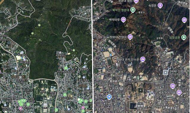 5일 오후 검색한 네이버 지도(왼쪽)에서 청와대 일대가 흐릿하게 처리된 반면 구글 지도에서는 본관과 관저 등이 뚜렷하게 보인다. 대통령 집무실 이전을 앞두고 청와대가 다시 1급 보안시설로 지정됐지만 통상 마찰 등을 우려한 정부가 국내 포털에만 이를 반영해 달라고 요청하면서 이런 차이가 발생했다. 각 사 서비스 캡처