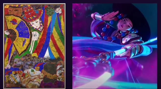 좌측부터 박생광 작가의 '무속화', 넷플릭스 애니메이션 영화 '케이팝 데몬 헌터스'. 베카 하딩 유튜브 캡처