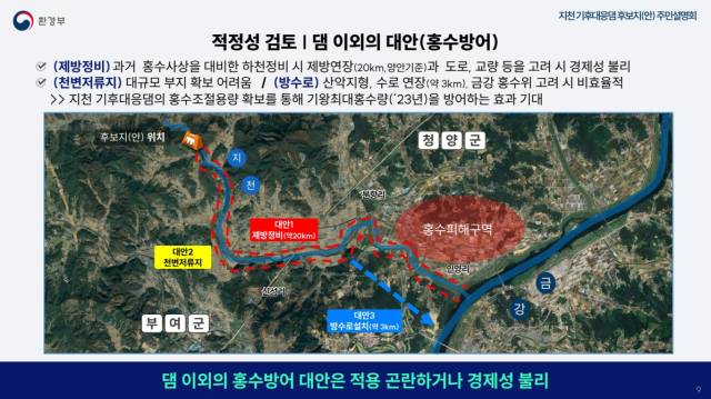 ▲환경부가 작성한 지천 기후대응댐 후보지(안) 주민설명회 자료. 댐 이외의 다른 홍수 방어 수단은 활용할 수 없다고 적혀 있다. 그러나 근거 자료는 아직 공개되지 않았다. 백경오 한경국립대 교수는 이를 거짓 논리라고 비판했다. ⓒ환경부 자료