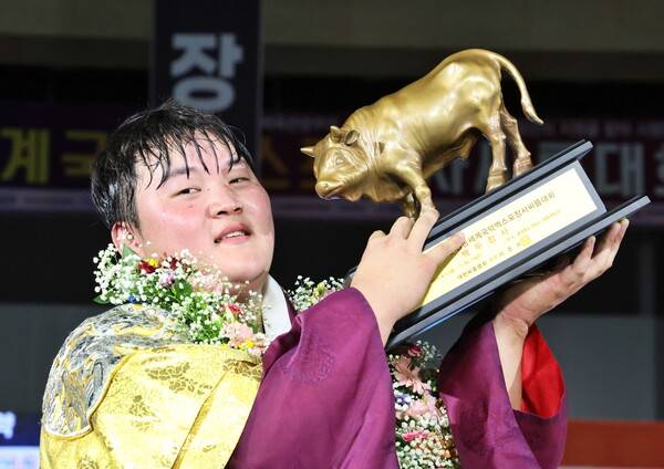 7일(목) 충청북도 영동군 영동체육관에서 열린 '위더스제약 2025 민속씨름 영동세계국악엑스포장사씨름대회' 백두장사(140kg이하)에 등극한 홍지흔(울주군청)이 황소트로피를 들고 기념사진을 찍고 있다. /사진=대한씨름협회