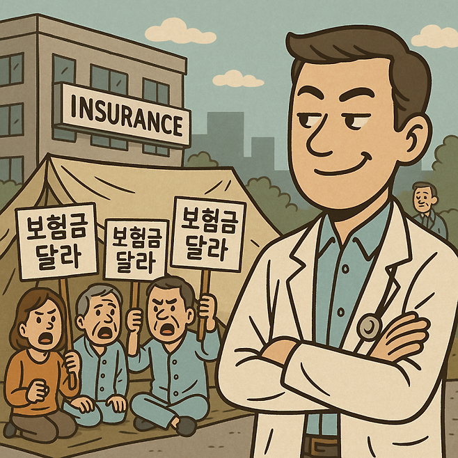 챗GPT가 보험사 앞에서 보험금 지급 관련 시위를 벌이는 환자들과 이를 방관하듯 바라보는 의사를 묘사한 이미지. 챗GPT